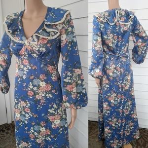 70s Bishop Sleeve Maxi Dress Hippie Blue Floral S